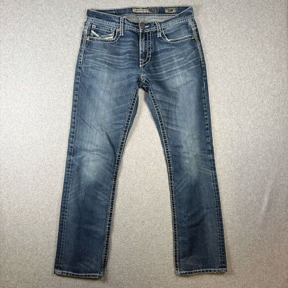 BKE Mens Size 32 Carter Straight Leg Denim Jeans Distressed Blue Thick Stitch - Picture 1 of 11